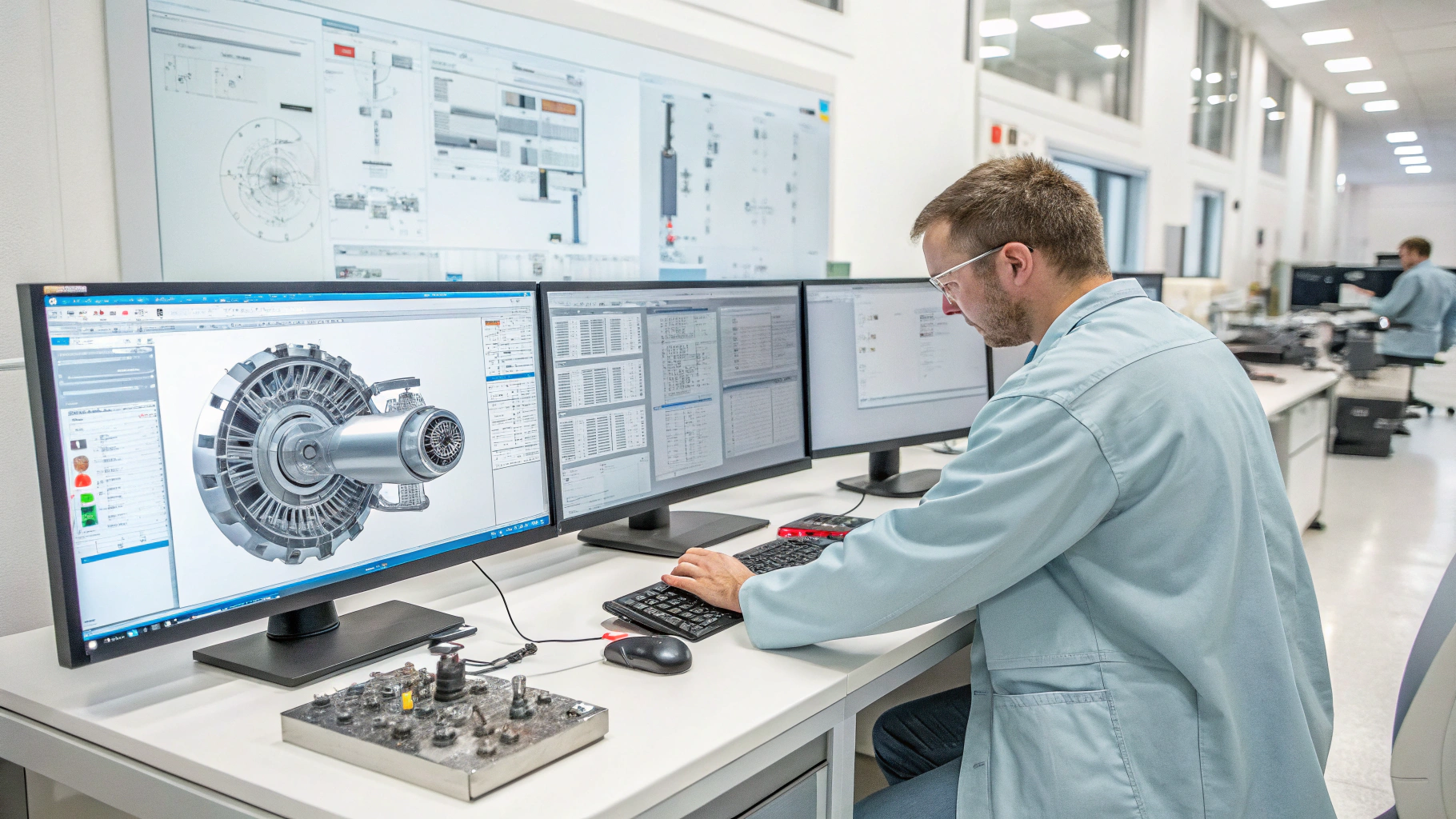 Hanyang Toy technician inspecting articulated action figure joint tolerances at a cleanroom optical workstation