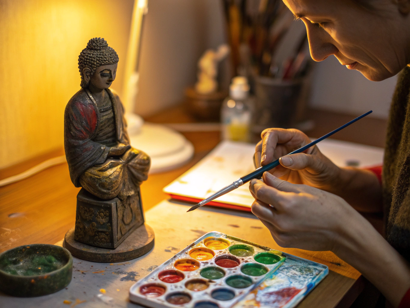 Artisan technician applying precision hand-finishing and paint detailing to a boutique designer collectible figure
