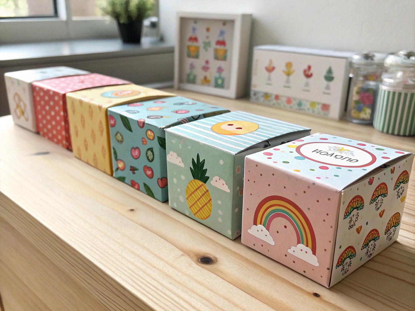Studio showcase of an original custom blind box figure series with printed foil pouches and outer counter display cartons