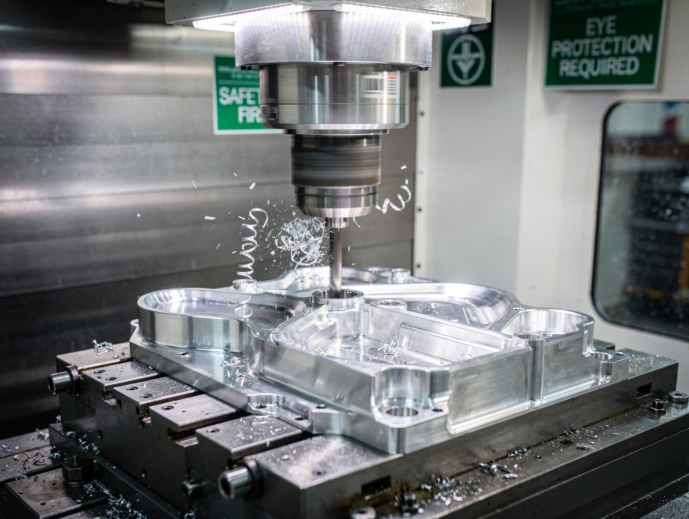 Multi-axis CNC steel mold milling machine shaping a collectible PVC figure cavity