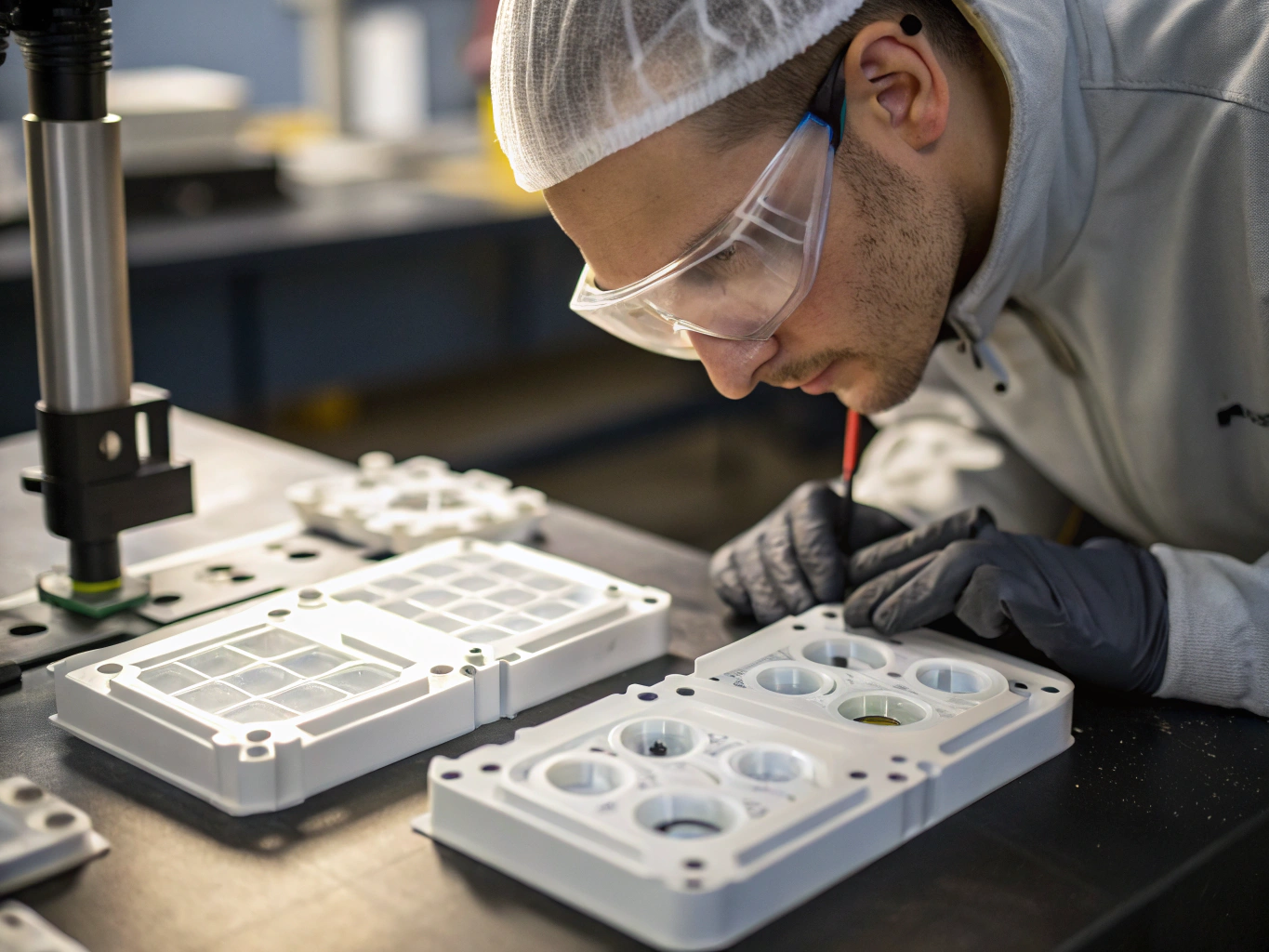 Quality assurance technician inspecting paint accuracy and articulation joints